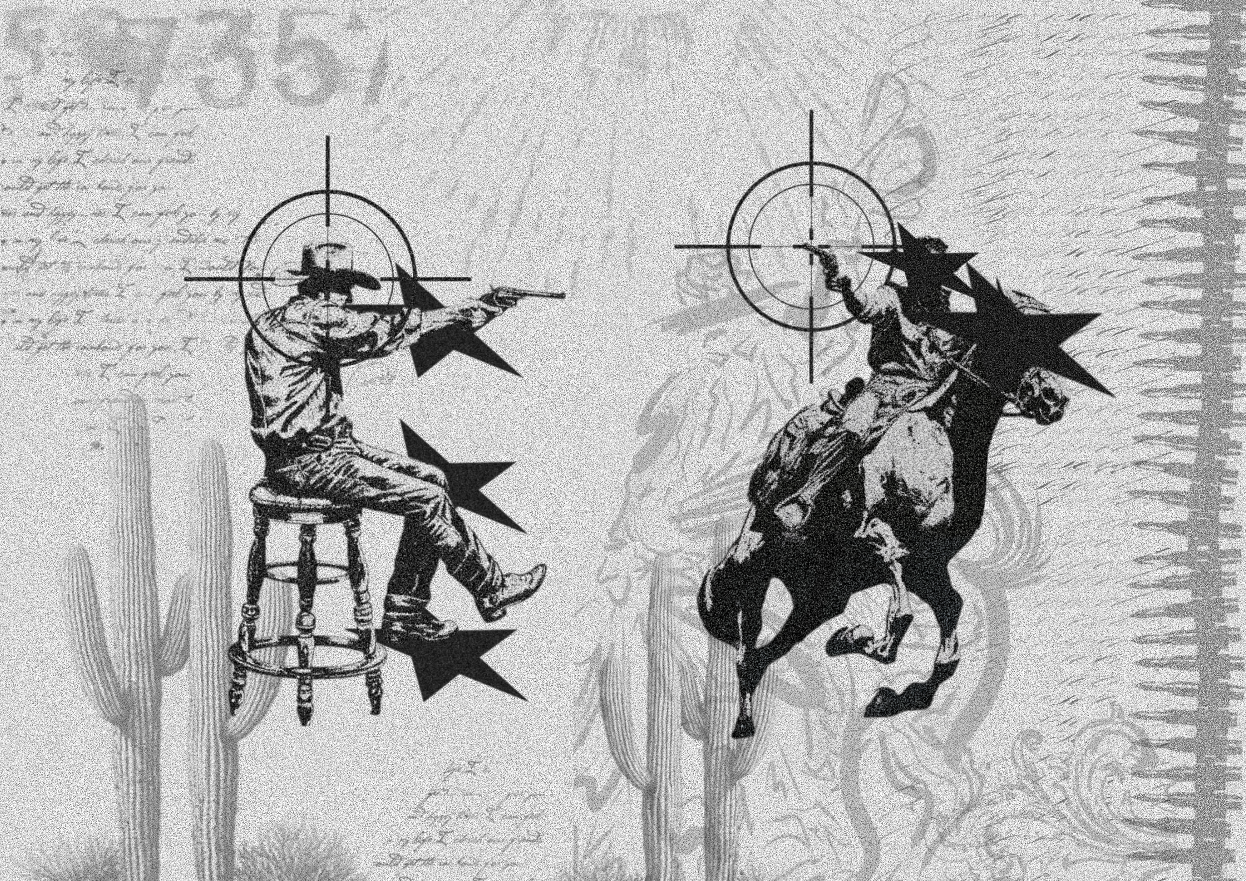 Deux cowboys à cheval, pointant des revolvers, avec des cibles en forme d'étoile derrière eux.