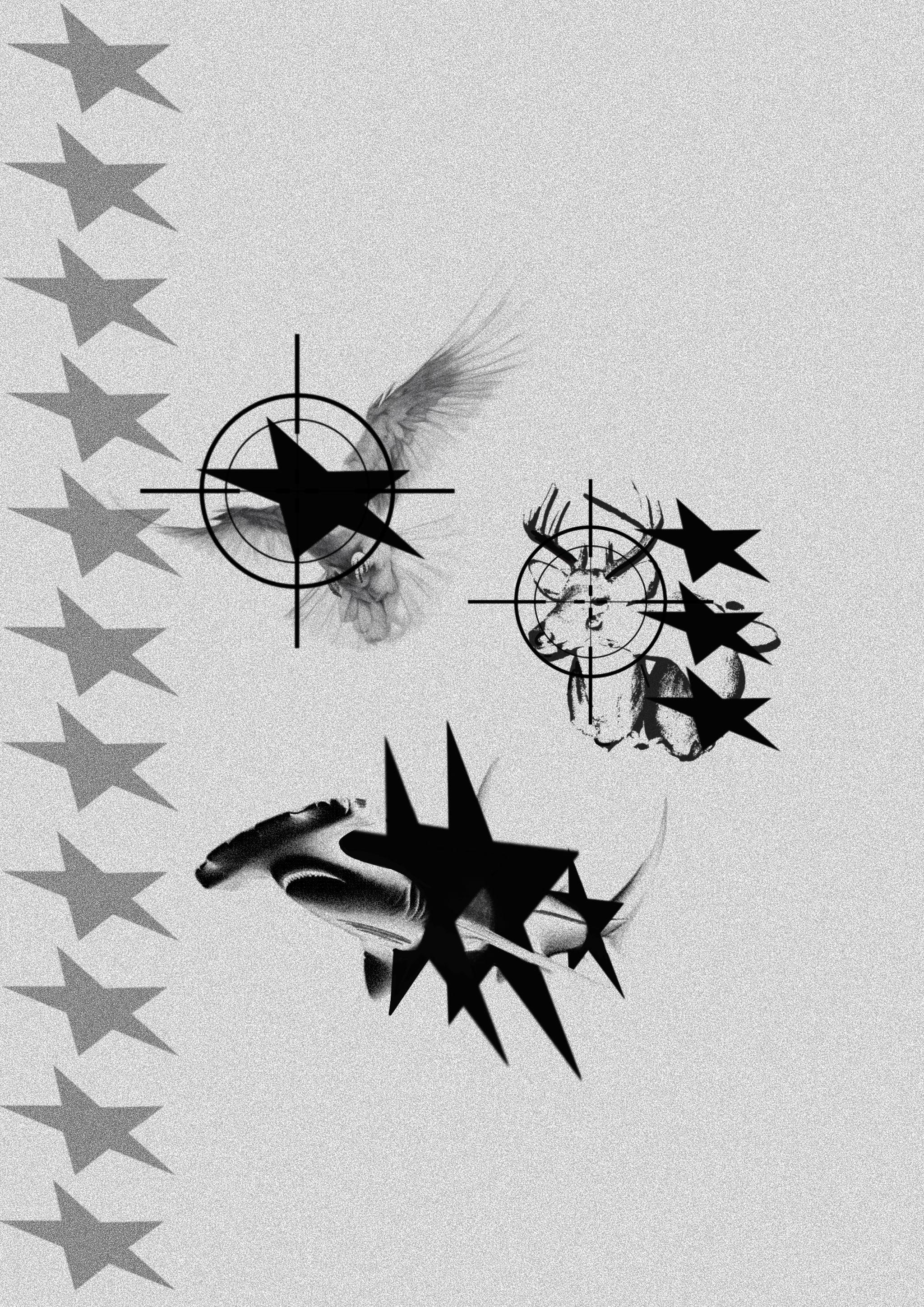 Un motif de plusieurs étoiles en noir et blanc avec un effet de superposition et de dégradé de gris.