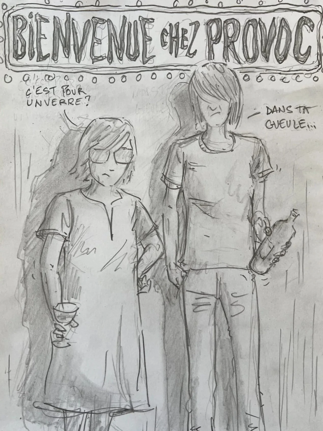 Dessins en style cartoon représentant deux femmes contre un panneau avec un texte. La femme à gauche porte des lunettes, une robe ou une jupe, et tient un verre. La femme à droite a les cheveux courts, porte un t-shirt simple, et tient une bouteille. La scène semble être à l'extérieur, peut-être dans un lieu de sortie ou un événement.