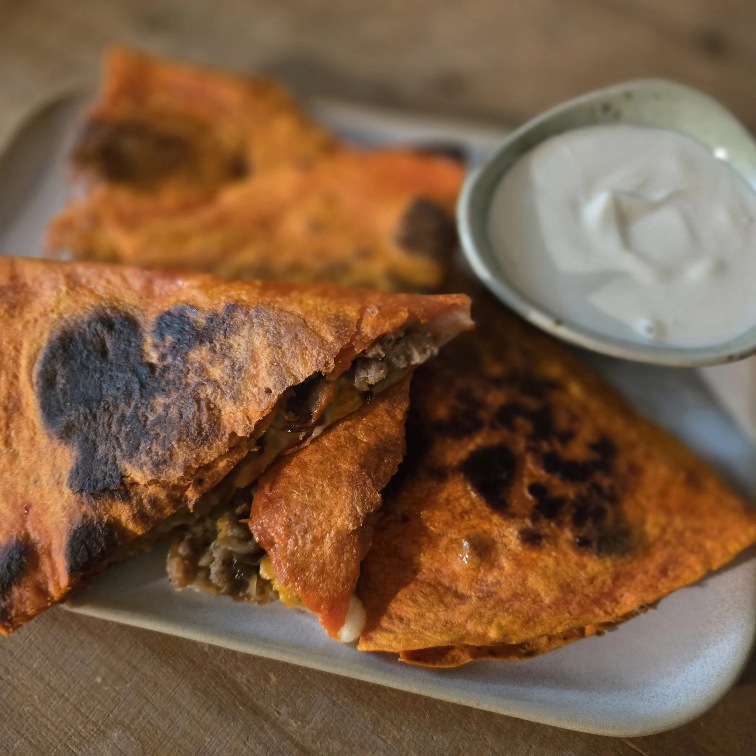 Sweet Potato, Sausage, and Caramelized Onion Quesadilla with Maple Aioli