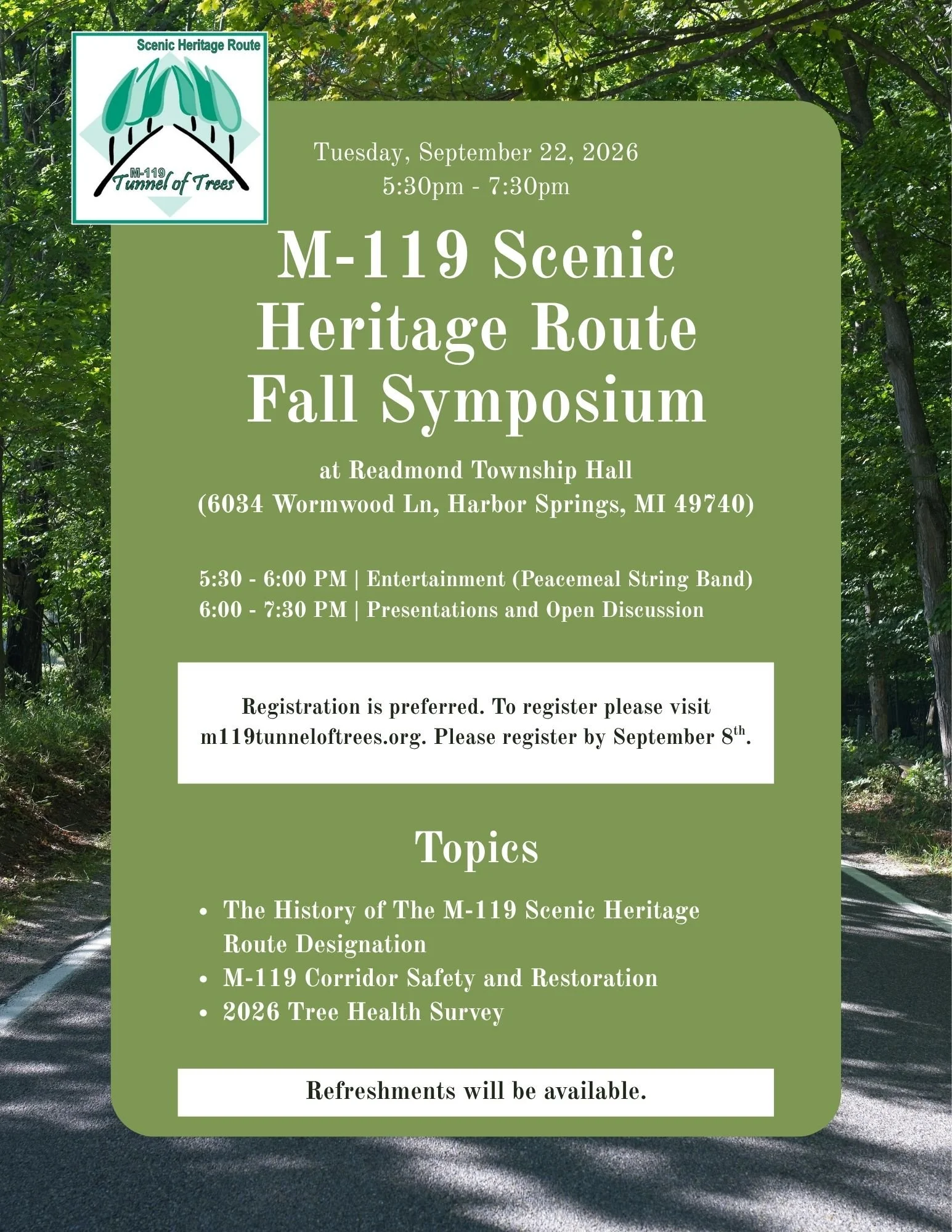 Flyer for the upcoming symposium. Entertainment will take place from 5:30 to 6pm by Peacemeal String Band. Presentations will begin at 6pm. Refreshments will be available