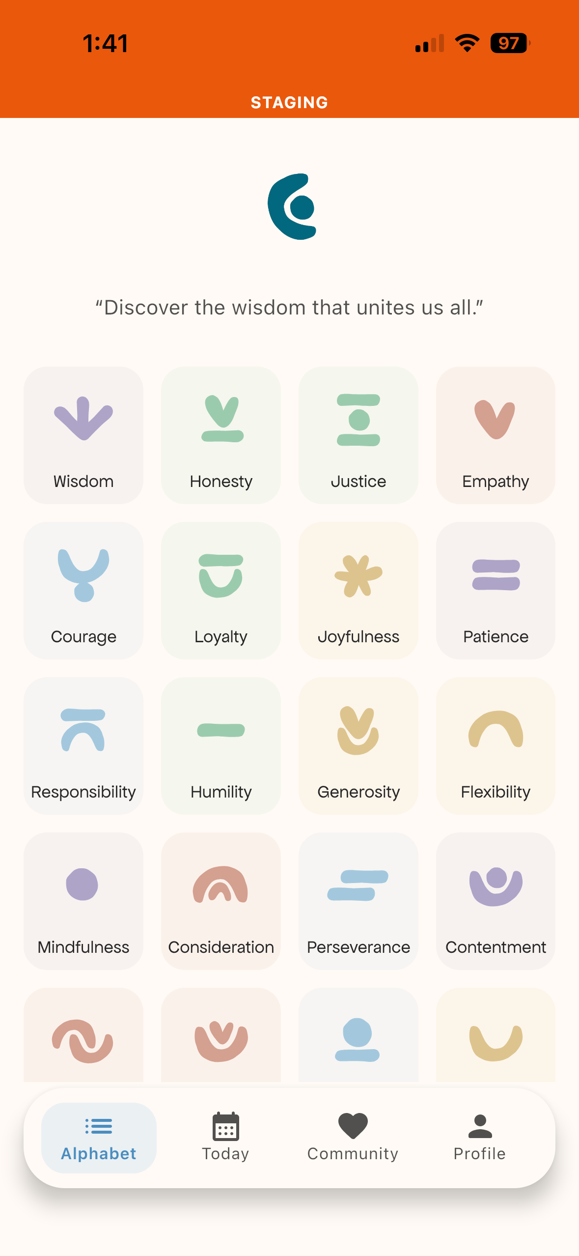 Conscioushood Daily Practice App showing 20 core virtues and ideograms