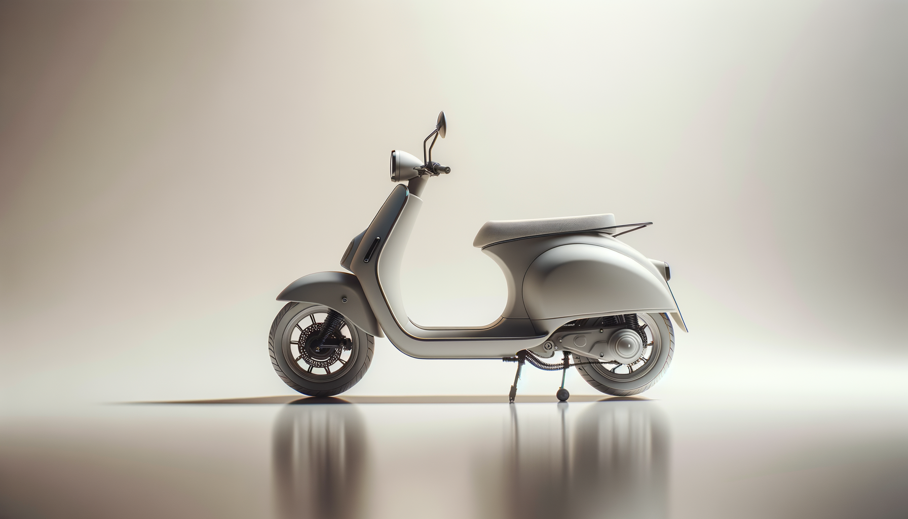 Lichtgrijze elektrische scooter op een lichte achtergrond met zachte schaduwen.