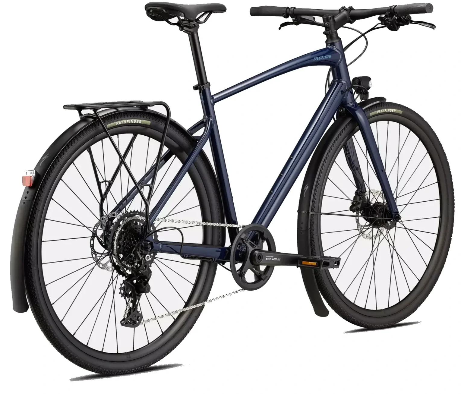 Een blauwe moderne Specialized stadsfiets met dikke banden en meerdere versnellingen.