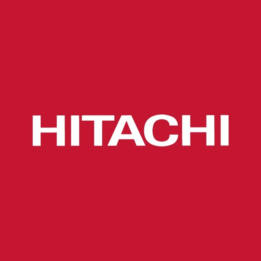Red background with the white text 'HITACHI' in the center, logo for Hitachi brand of HVAC equipment..