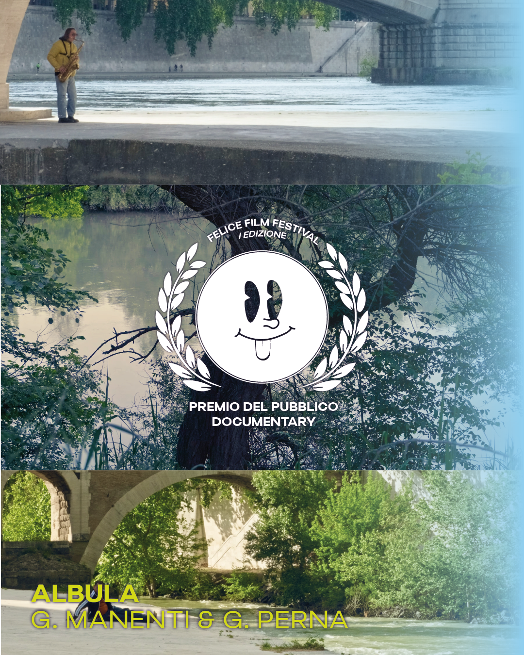 Poster for a documentary film festival featuring a logo with a smiling face sticking out its tongue and surrounded by laurel leaves. The background shows a river scene with trees and a bridge, with a musician playing a saxophone on a riverside walkway.