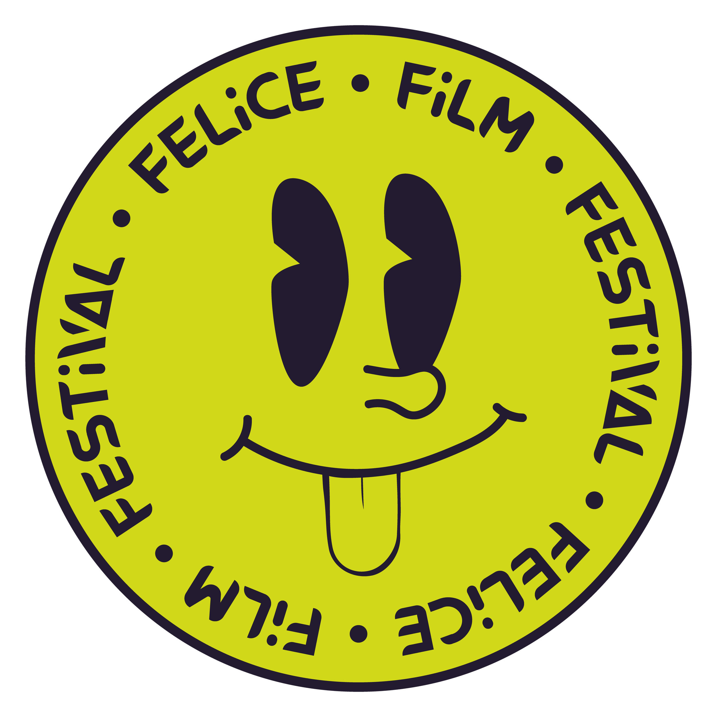 A circular logo with a yellow background, featuring a smiling face with eyes, a nose, and a tongue sticking out. The text around the circle reads 'FESTIVAL FELICE FILM FESTIVAL FELICE' in black letters.