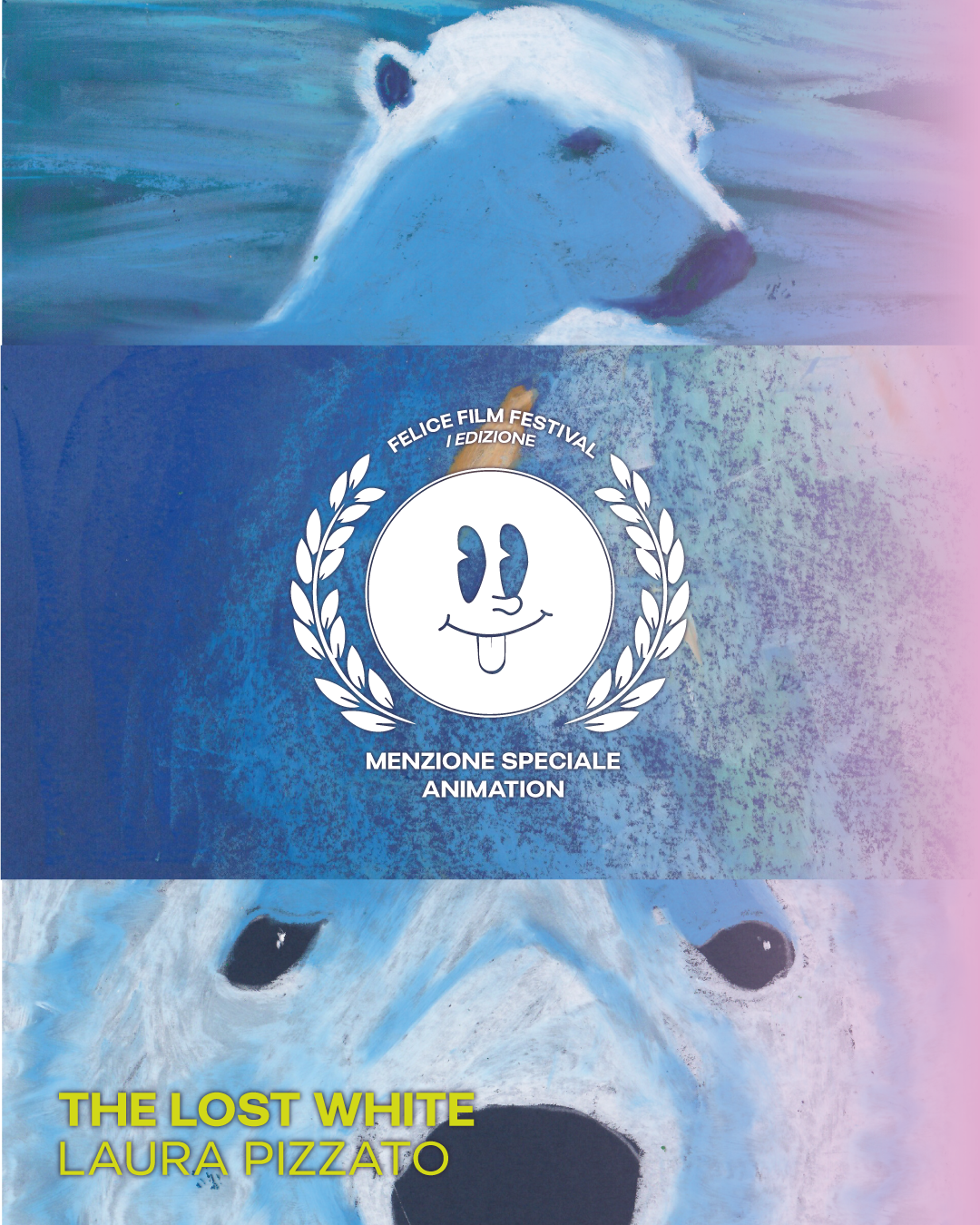 A promotional poster with an abstract blue and white background, featuring a stylized polar bear, a festival logo with a smiling face and tongue sticking out, and the movie title 'The Lost White' by Laura Pizzato.