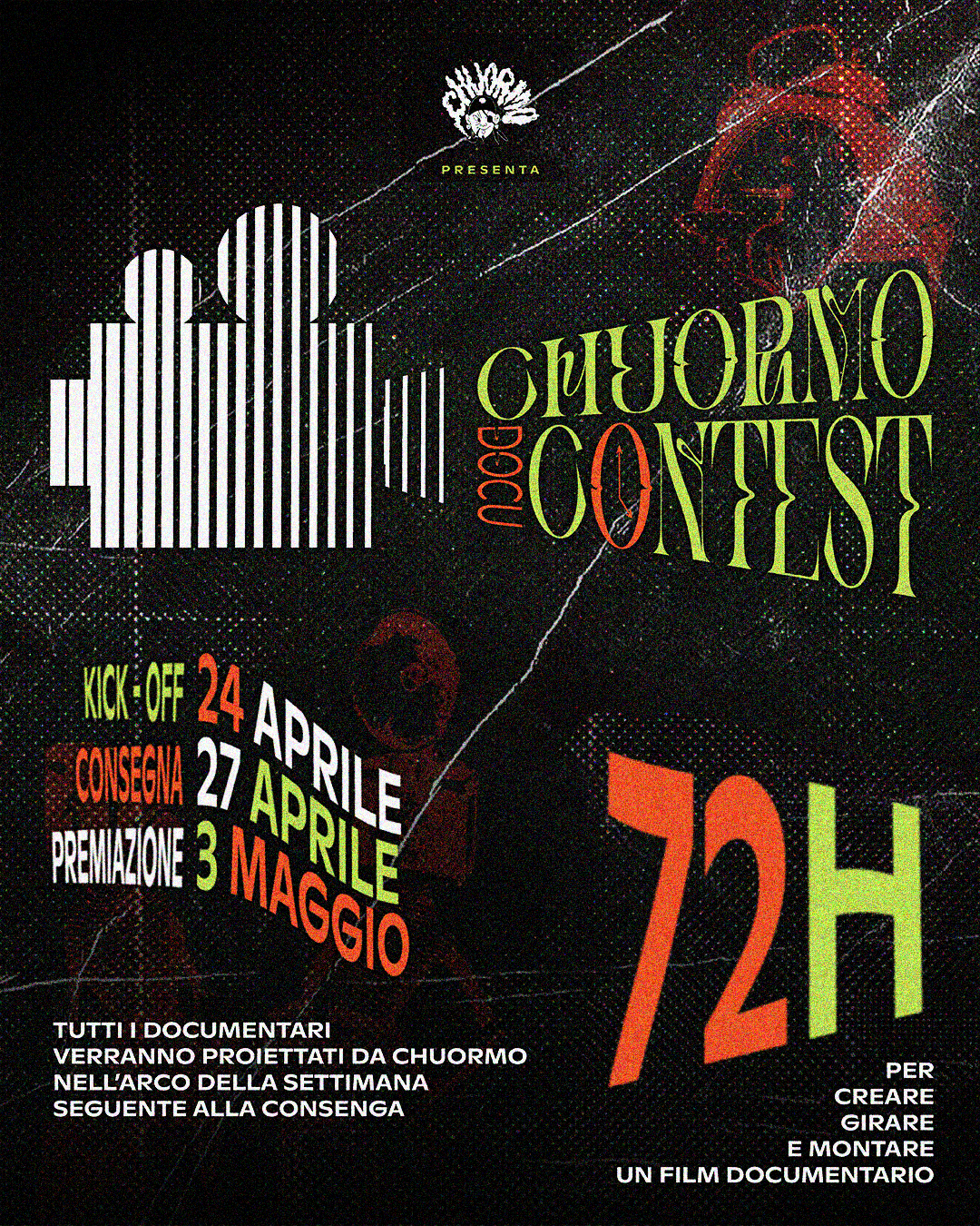 Event poster with a bar chart and text in Italian, promoting a documentary series called 'Chiurma' with a kick-off on April 24, delivery on April 27, and premiere on May 3, involving creating, filming, and editing a documentary.