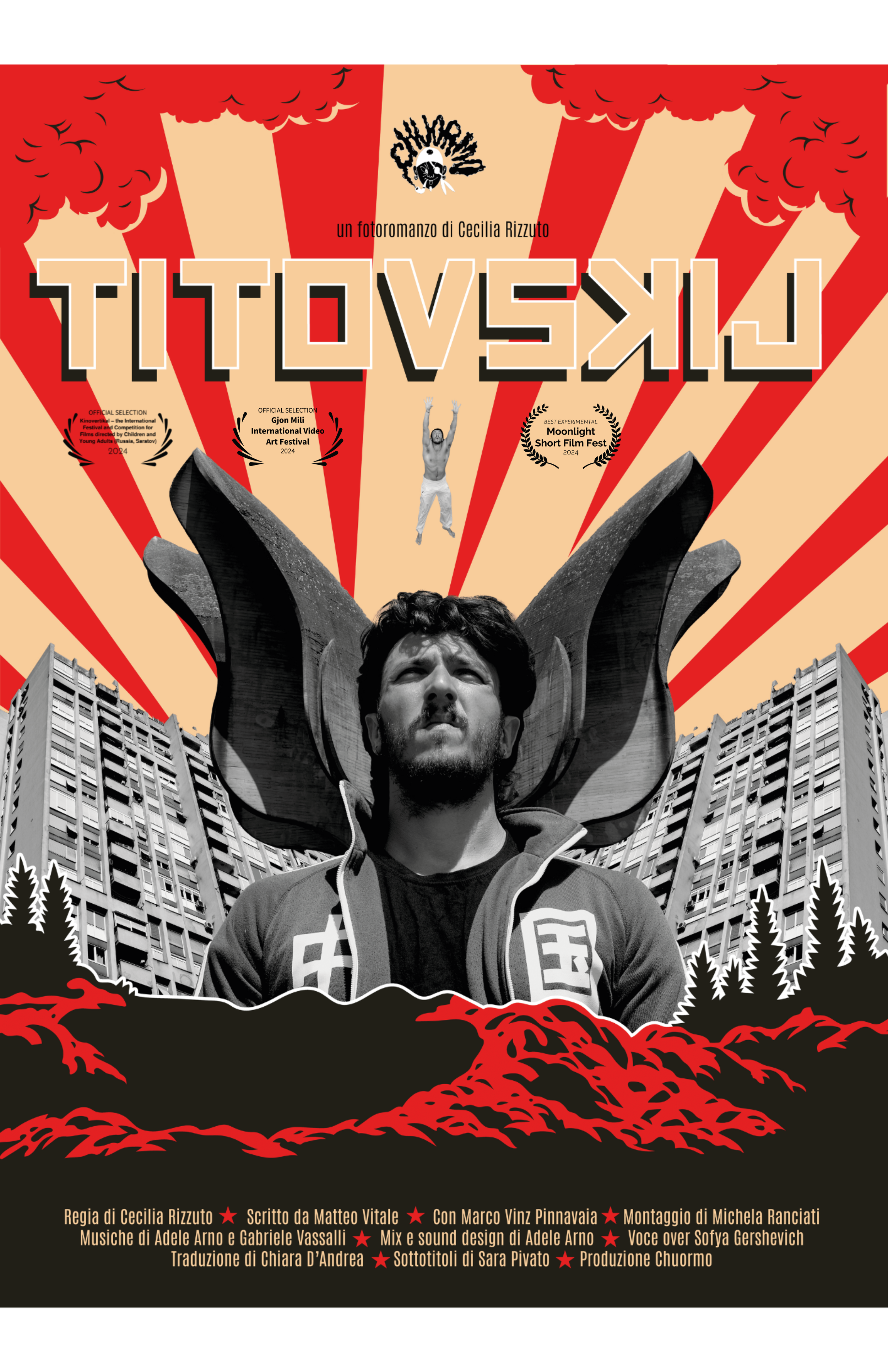 A poster for the film 'Titovskij' featuring a black and white photo of a man beneath an oversized tulip structure, with a backdrop of buildings and trees. The poster has a red and beige color scheme with promotional accolades and credits in Italian.