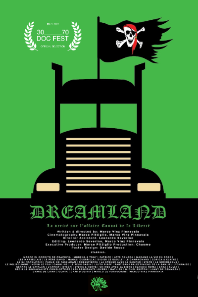 Poster for Doc Fest 1970 with a pirate flag, a truck, and the word Dreamland