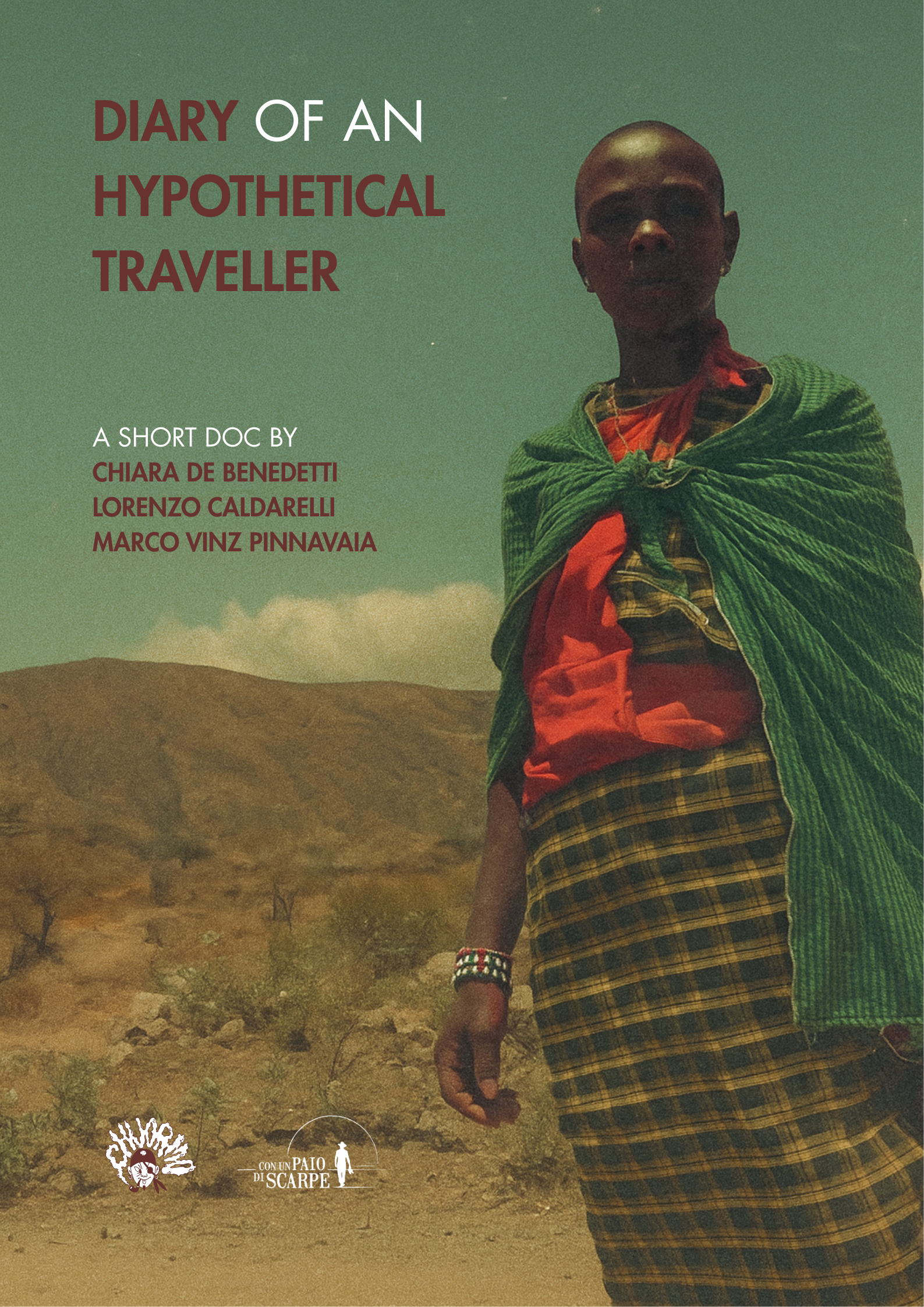 Cover of a short documentary titled 'Diary of an Hypothetical Traveller' showing a person in a desert landscape, wearing colorful clothing and a green shawl wrapped around their shoulders.