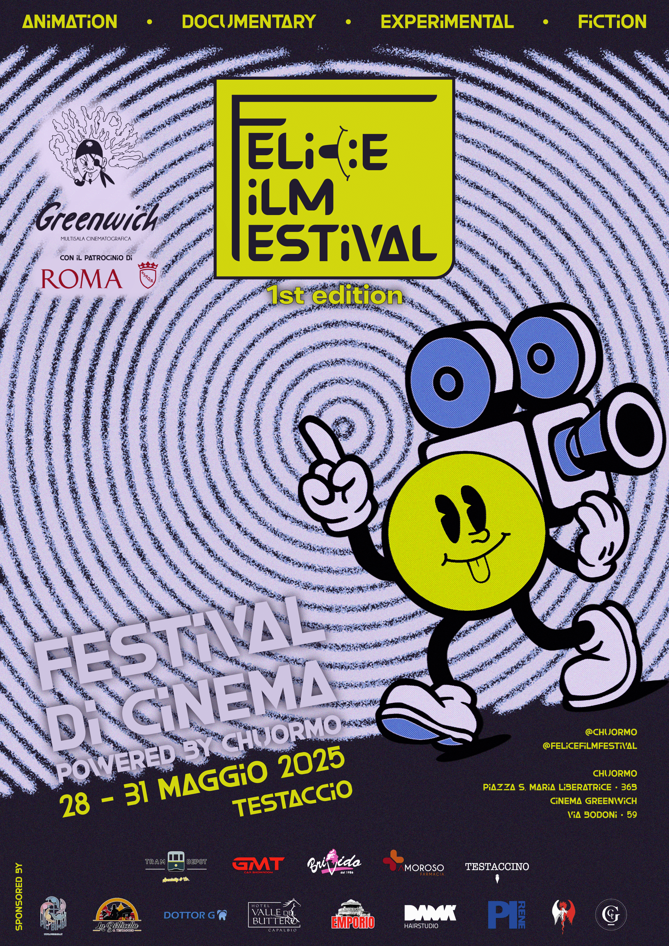 Locandina del Festival di Cinema Greenwich, seconda edizione, che si svolgerà dal 28 al 31 maggio 2025 a Testaccio, Roma. La locandina presenta un personaggio cartone animato con videoregistratore e telefonino, ed è ricca di dettagli, loghi e testi i