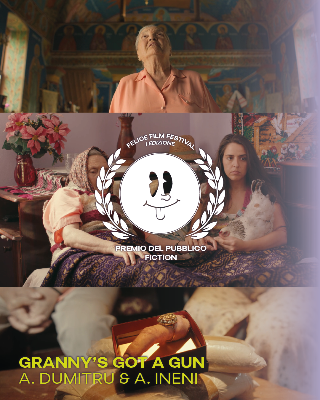 Three scenes from a film. The top scene shows an elderly woman looking upward in a decorated room. The middle scene has two women sitting on a bed, one with a headscarf and the other holding a guinea pig, with a festival-themed logo overlay. The bottom scene depicts a close-up of a hand holding a gun inside a box, with yellow and black text reading "GRANNY'S GOT A GUN" and credits for A. Dumitru and A. Ineni.