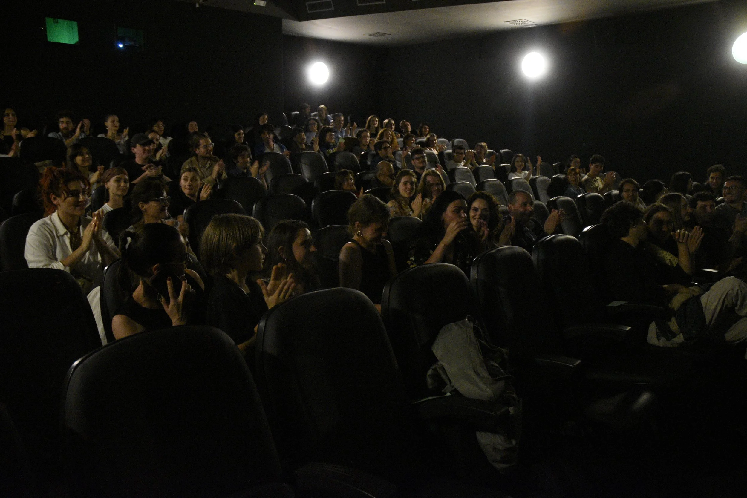 Audience watching a movie or presentation in a dark theater, clapping.