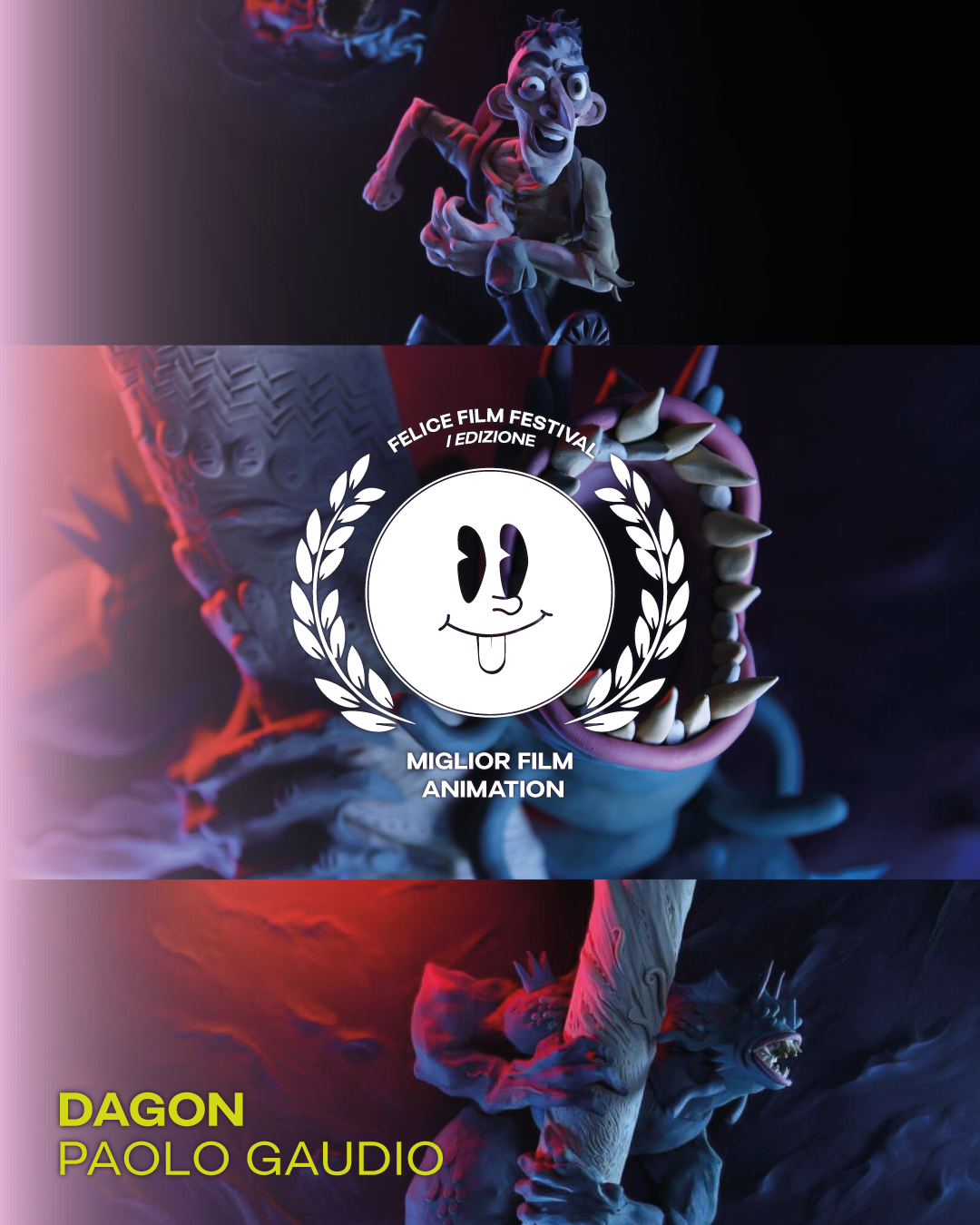 Promotional poster for an animated film featuring a monstrous creature with large teeth and clawed hands, with the title "Dagon" and the director's name "Paolo Gaudio". The poster also displays a festival badge with a cartoonish face and laurel wreath, indicating it was part of the Felice Film Festival for best animation.