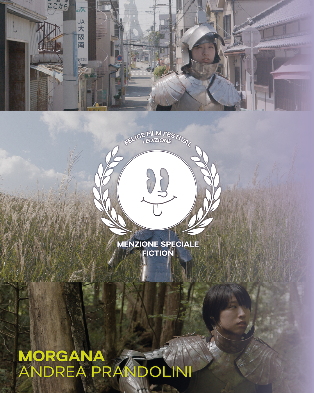 Three scenes from the Felice Film Festival showcasing a person in a knight's armor, a logo with a smiling face, and a forest scene with a person in armor.