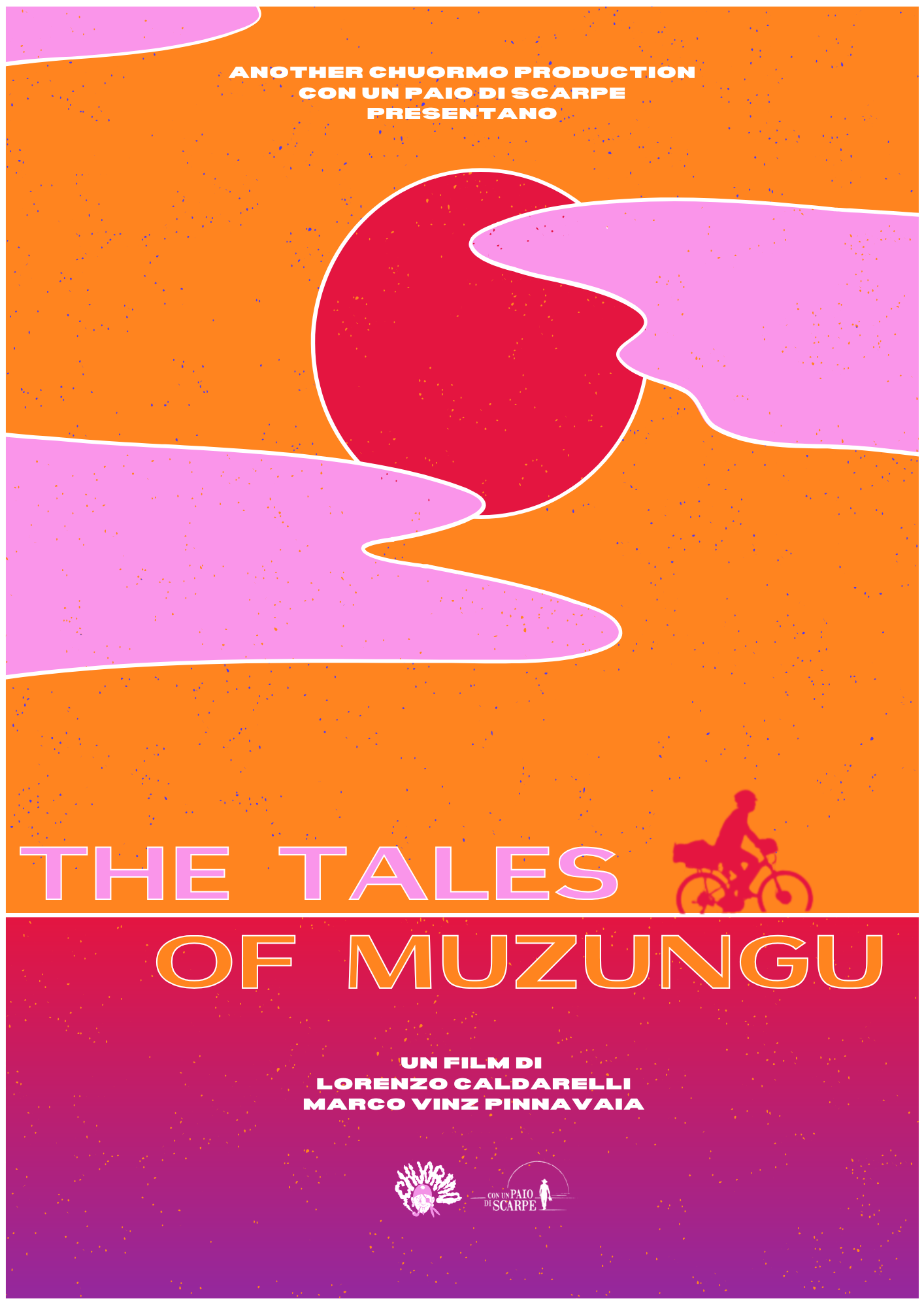 A stylized poster for the film 'The Tales of Muzungu', featuring a red sun, pink clouds, and an orange background with speckles. A silhouette of a person riding a bicycle is in the bottom right corner, and the text includes the film's title and credits.