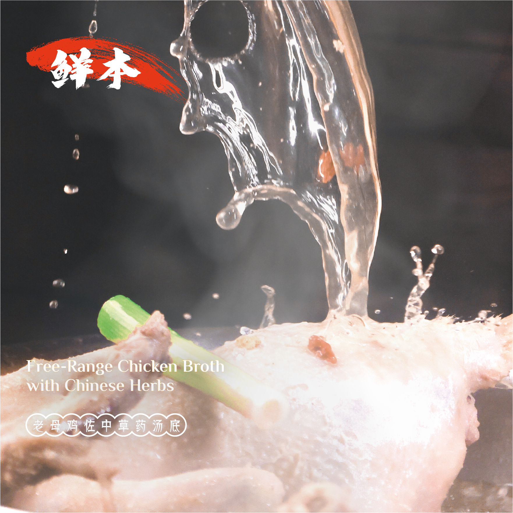 Pouring clear broth over a piece of chicken with a piece of celery on top, with text indicating it is free-range chicken broth with Chinese herbs.