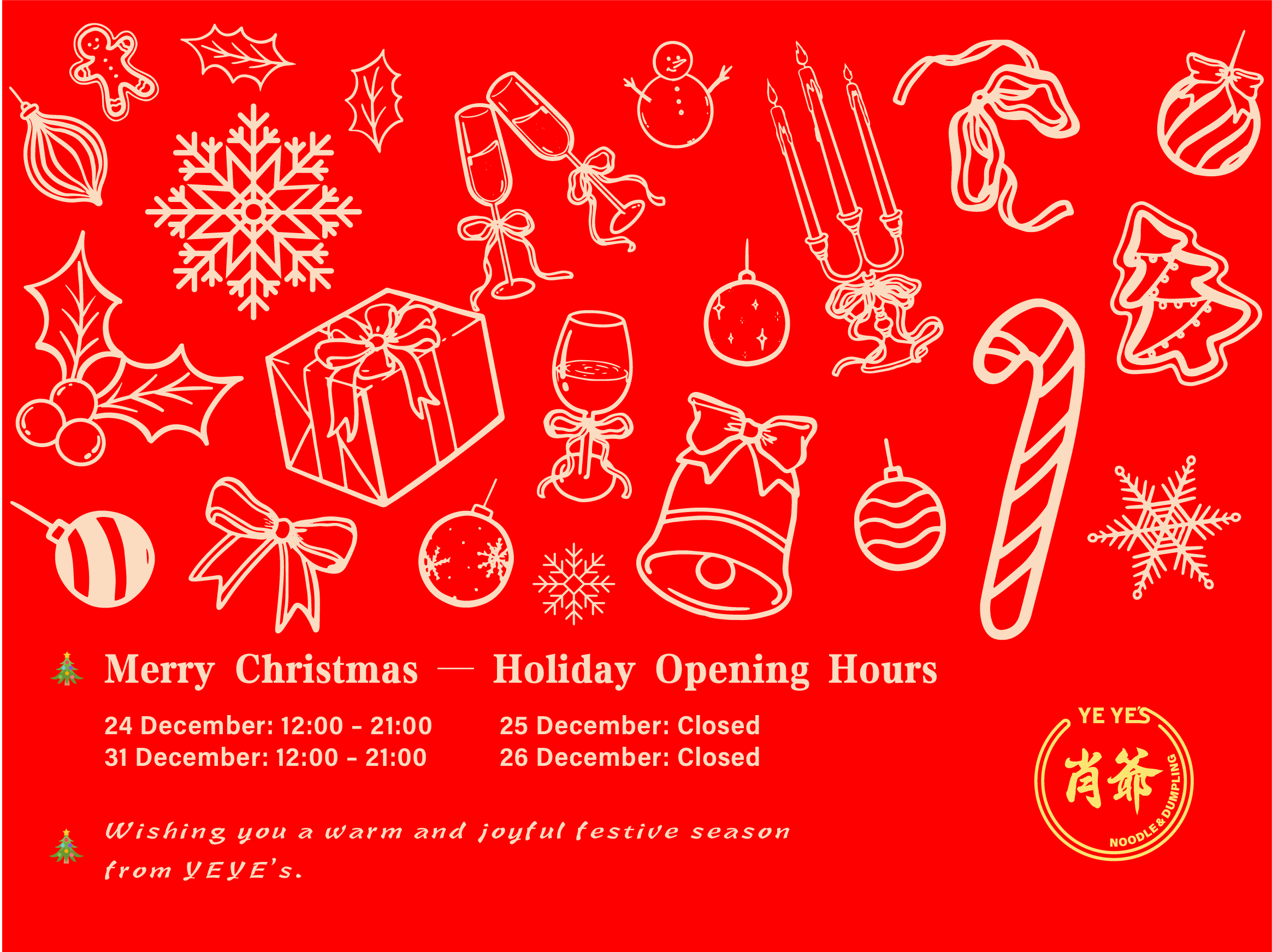 Red holiday-themed background with white line drawings of Christmas ornaments, holly, a snowflake, a gingerbread man, champagne glasses, a snowman, candles, a bell, a candy cane, and a Christmas tree. Text announces Christmas and holiday opening hour