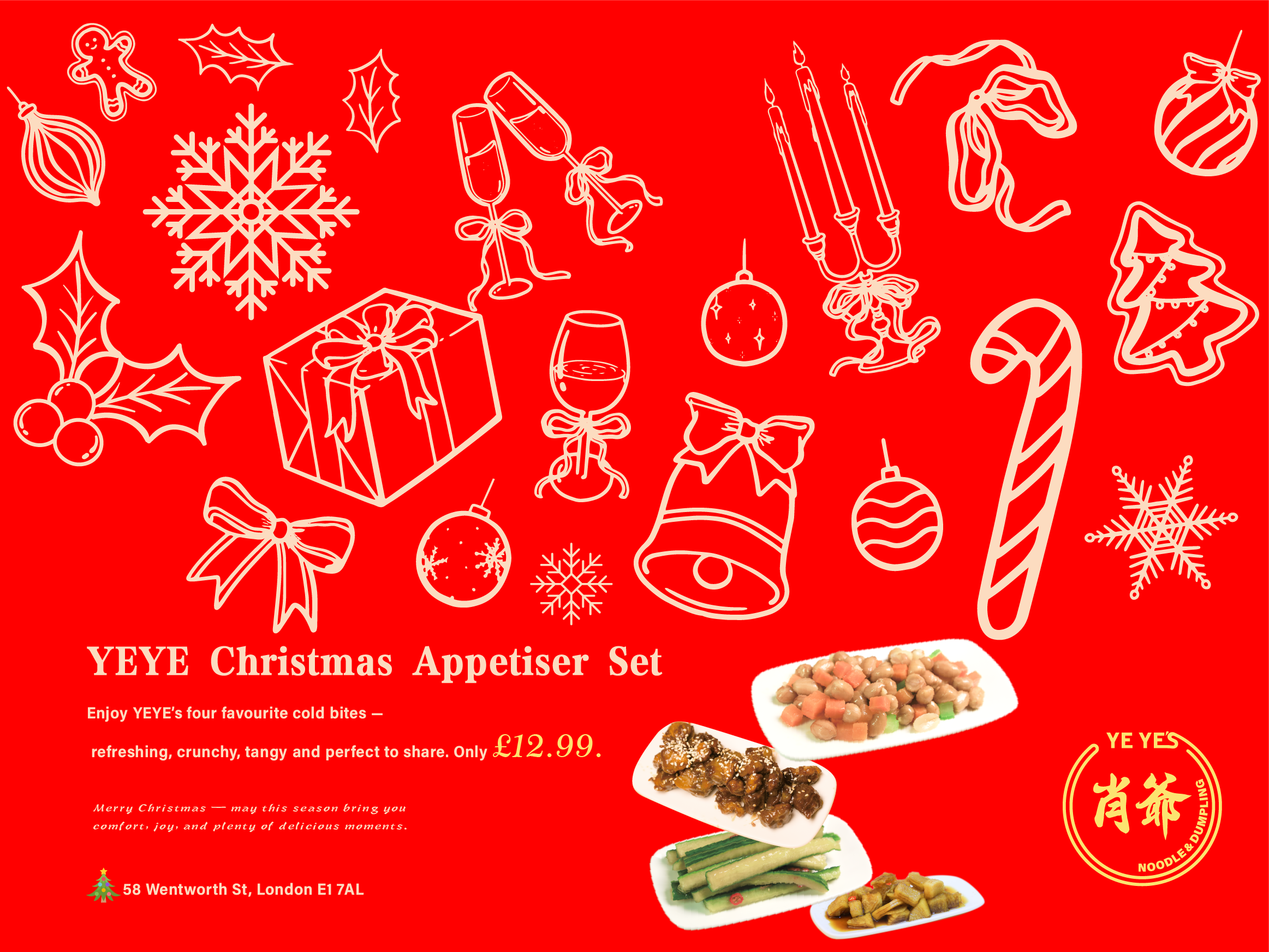 A red background with white outlines of various Christmas-themed decorations, including holly, snowflakes, ornaments, a bell, a candy cane, candles, and a gift box. The lower part of the image features text promoting YEYE Christmas appetizer set, wit