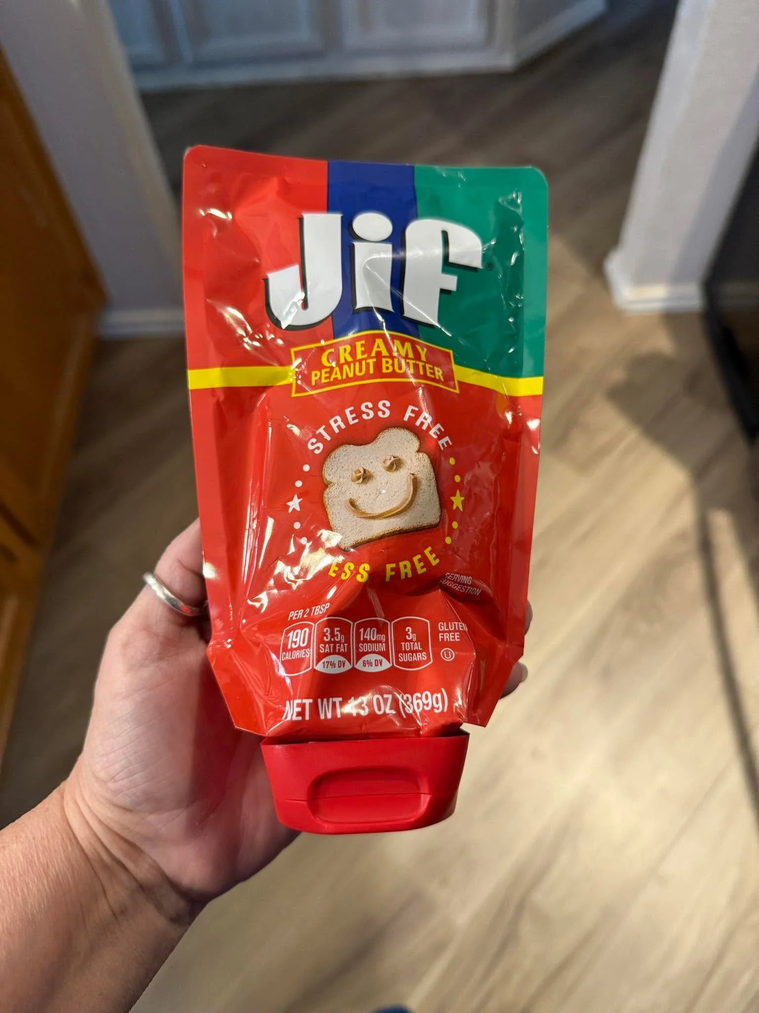 You know choosy Moms choose Jif! This pouch of squeezable Jif Creamy Peanut Butter is hard as heck to squeeze out and you still need a knife to spread it. I think I&rsquo;ll wash the empty jar, cut this pouch open, and squeeze it into the jar!