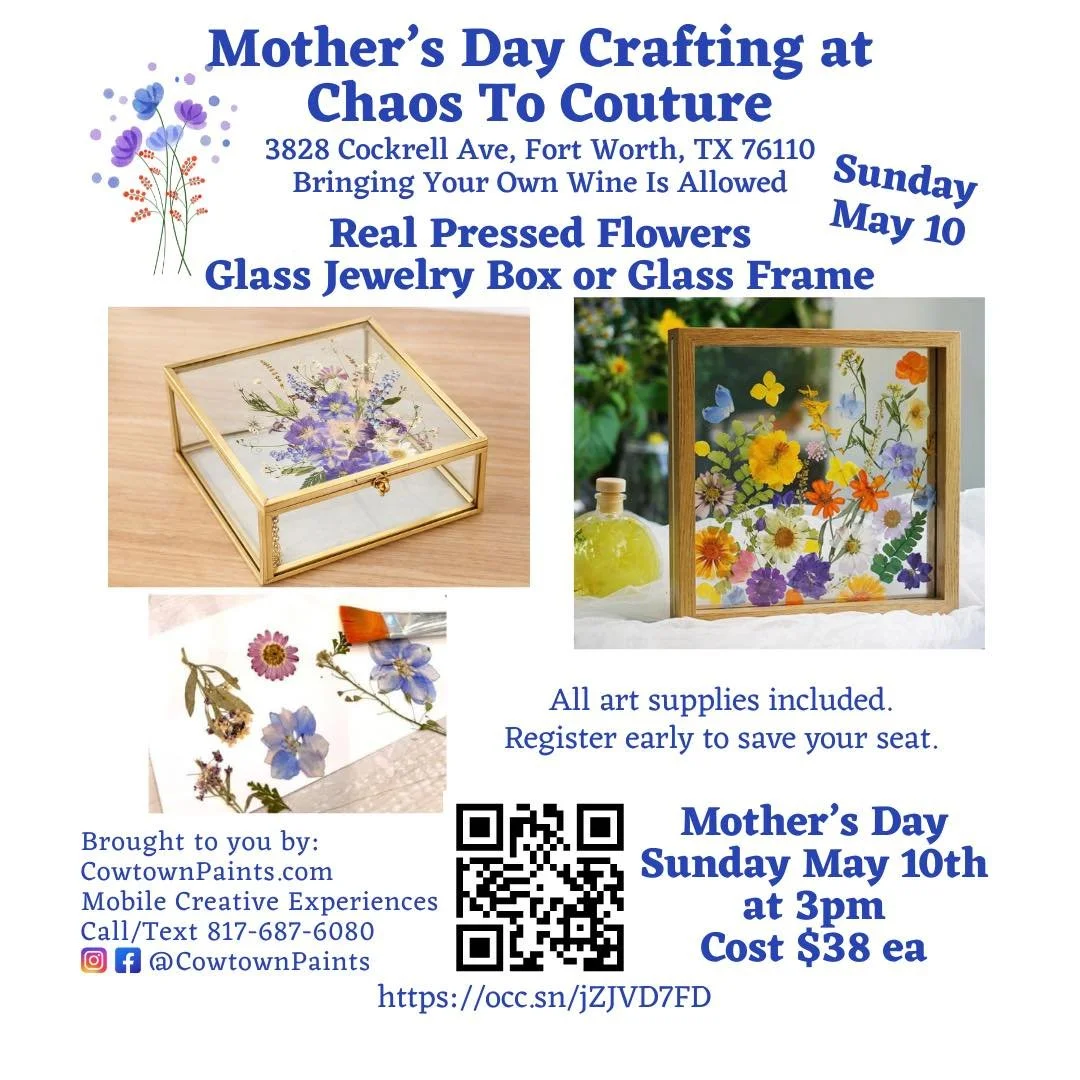 Happy Mother&rsquo;s Day! It&rsquo;s not too late to celebrate Mother&rsquo;s Day with a crafting party at 3pm today at chaos_2_couture. (The craft party will be indoors today at Chaos To Couture in Fort Worth.)

Let&rsquo;s make art with Real Presse