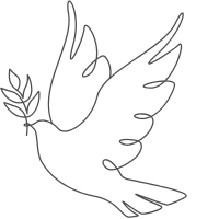 Schwarz-weiß Zeichnung einer kleinen Taube mit offenen Flügeln.