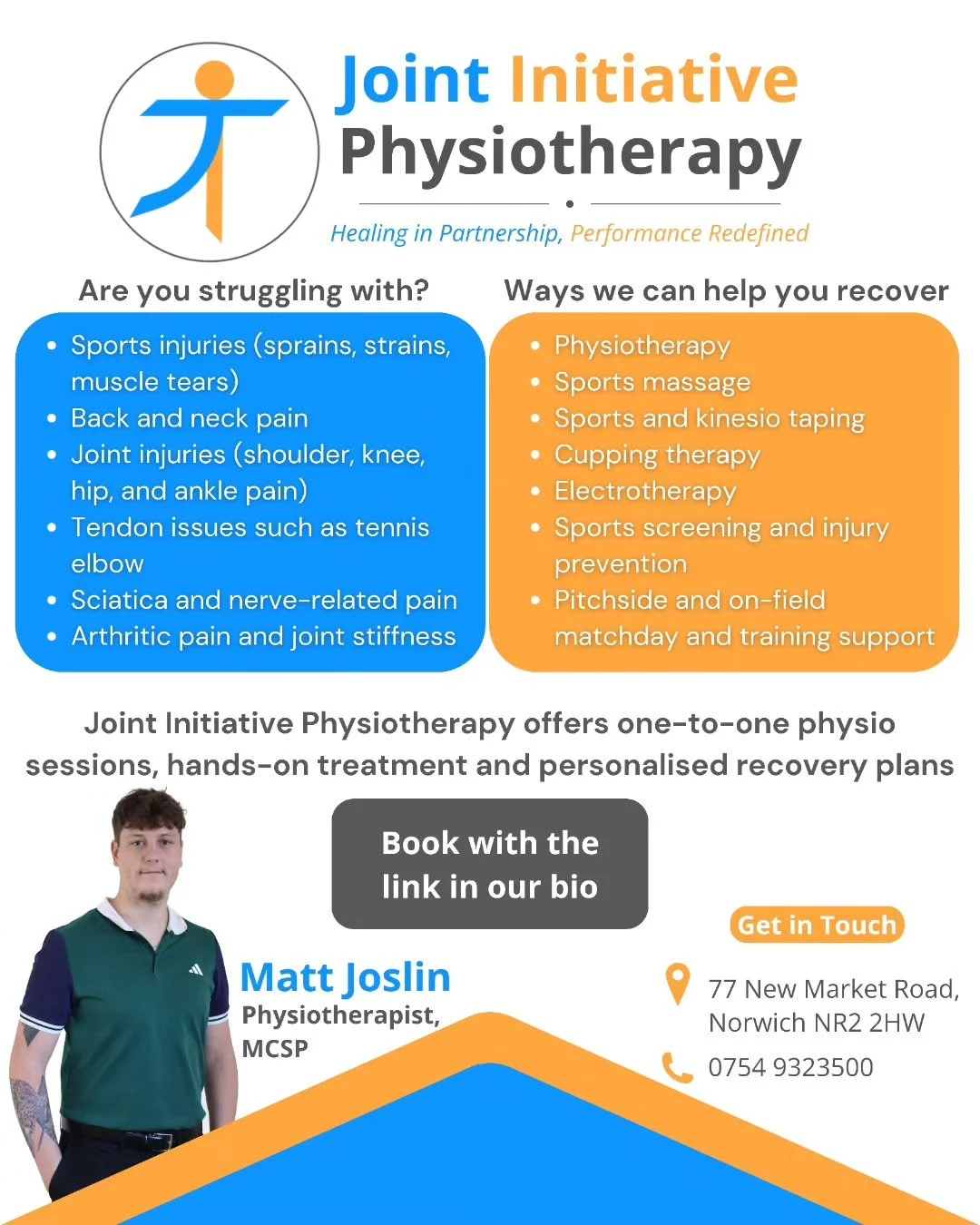 Struggling with pain or injury? At Joint Initiative Physiotherapy, we offer one-to-one physio, hands-on treatment and personalised recovery plans to get you moving confidently again 🤸&zwj;♂️

From sports injuries and joint pain to back, neck and ner