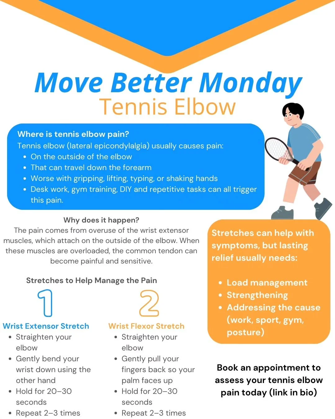 Tennis elbow pain doesn't always come from tennis 🎾

If you've got pain on the outside of your elbow that flares up with gripping or lifting, these stretches can help reduce discomfort. 

Stretching should feel gentle, not painful. If pain keeps com