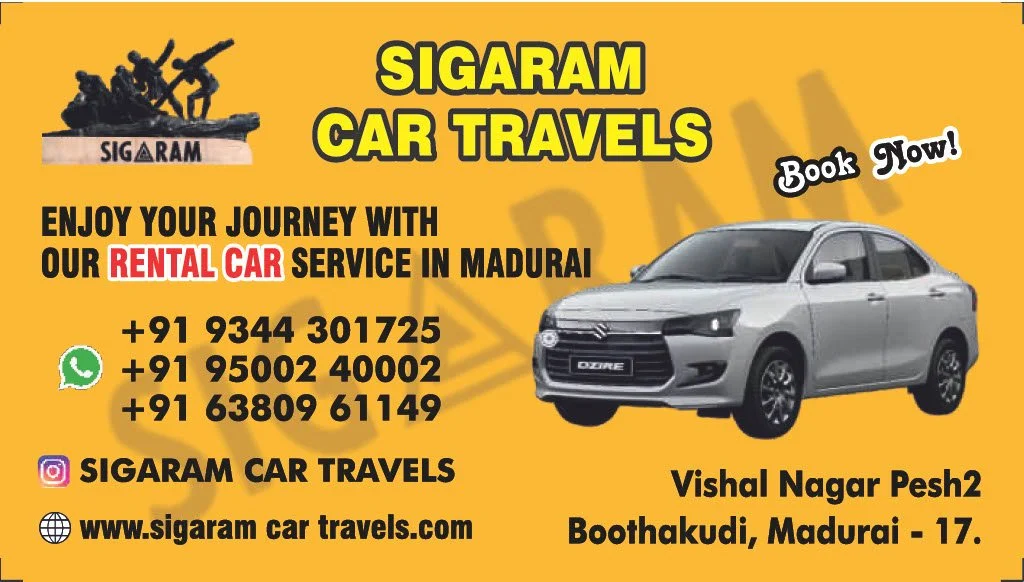 Business card for Sigarama Car Travels featuring a gray sedan, yellow background, contact information, social media icons, and a logo with silhouette figures of travelers.
