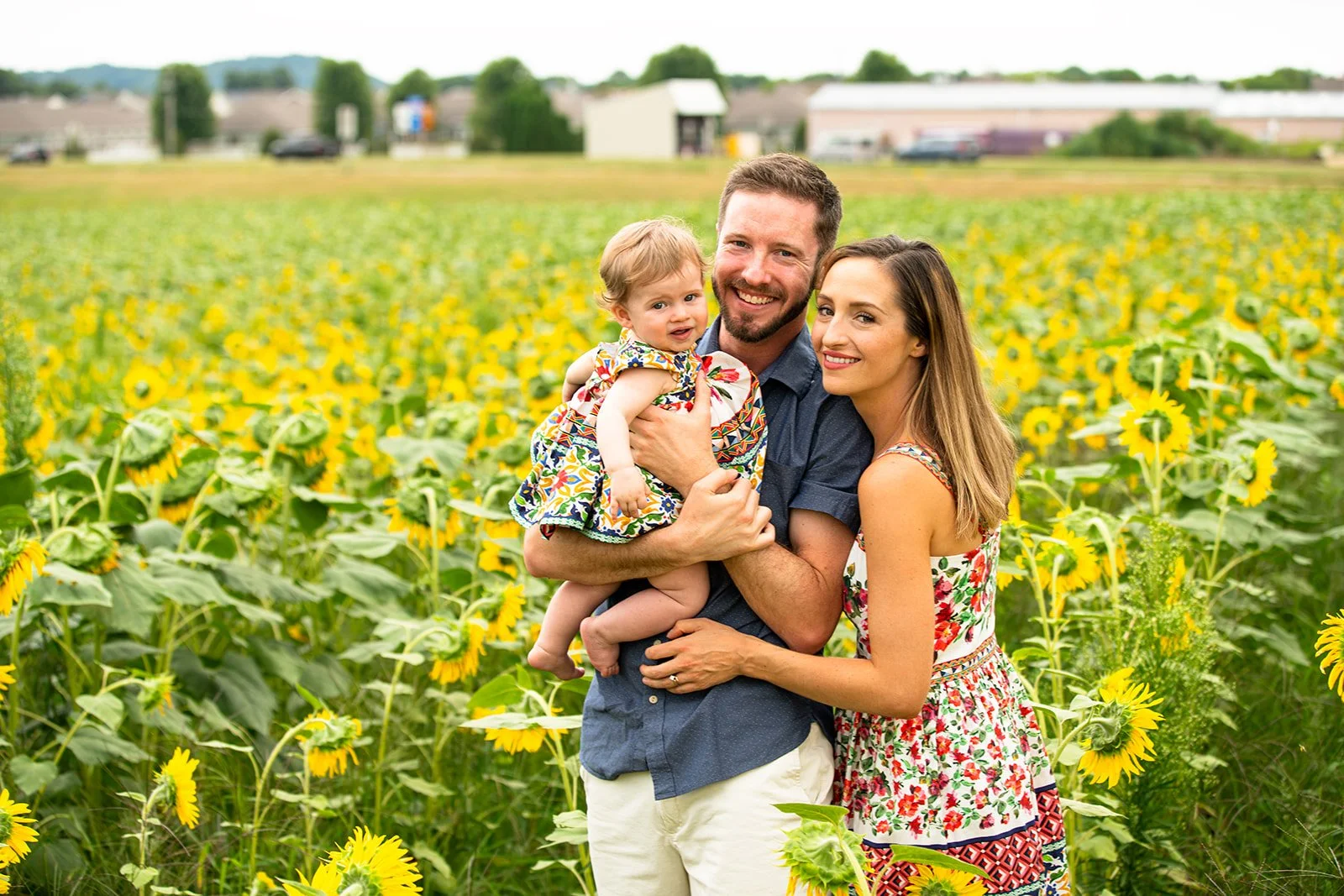 a young family poses in a sunflower field