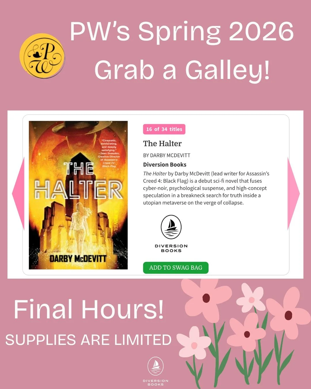 Snow may still be falling, but @publisherswkly 's Spring 2026 Grab a Galley is in its final hours!

If you want an early read of the highly anticipated sci-fi noir, THE HALTER by Assassin's Creed writer Darby McDevitt, add a galley to your virtual sw