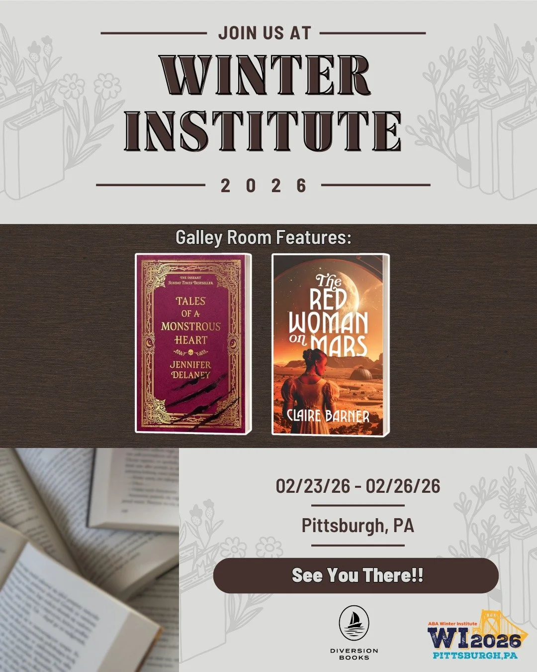 📢 Calling all Booksellers!! 📢

Diversion Books will be at the @americanbooksellers Winter Institute in Pittsburgh from 02/23/26 - 02/26/26! 🗓️ 

Our featured Galley Room picks include:

📖 THE RED WOMAN ON MARS by @clairebarner_author 
📖 TALES OF