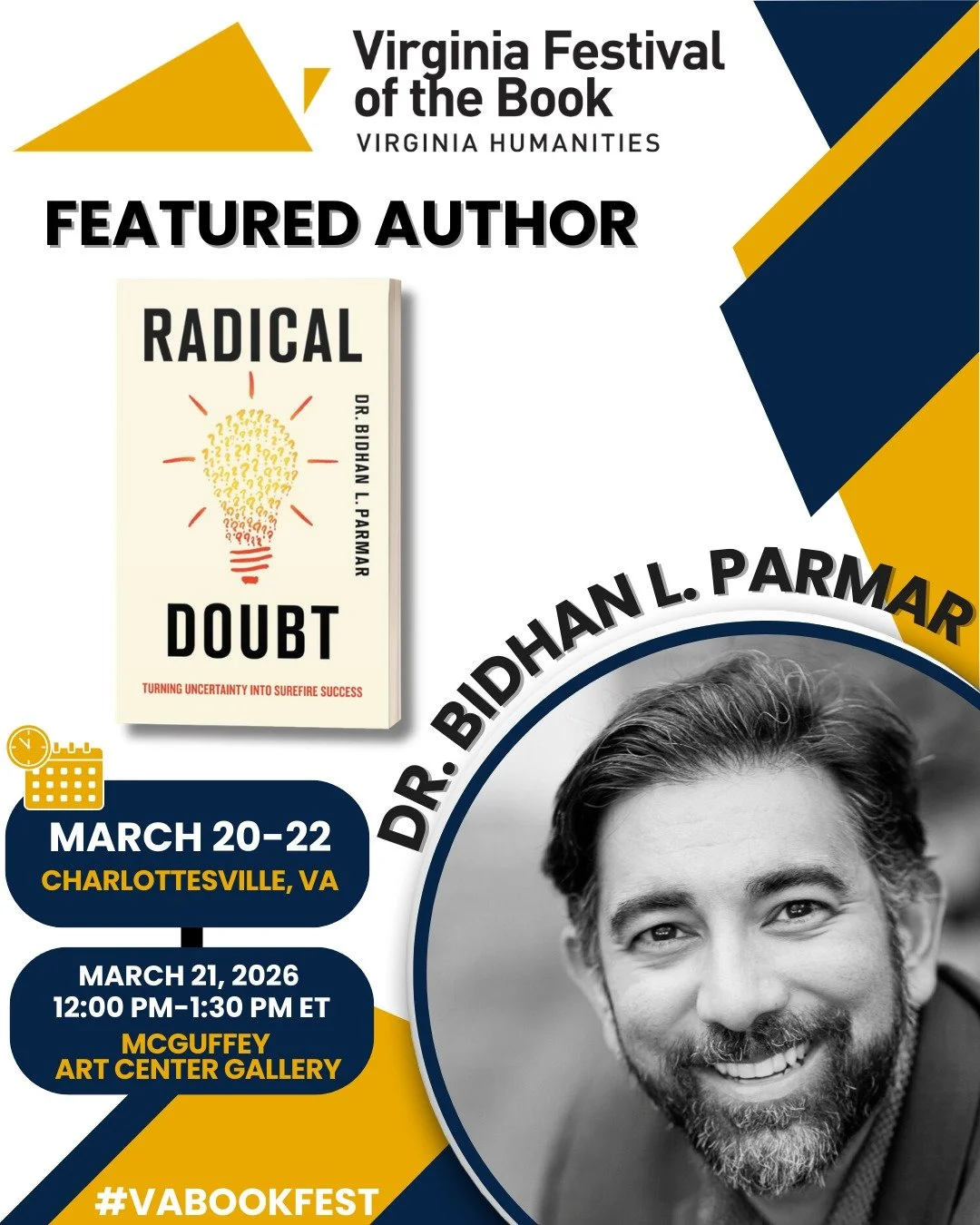 Join Diversion Books&rsquo; author Dr. Bidhan L. Parmar at The Virginia Festival of the Book this weekend in Charlottesville, VA. 

Stop by the McGuffey Art Center Gallery on March 21, 2026 from 12:00 PM-1:30 PM ET where Dr. Bidhan L. Parmar will be 