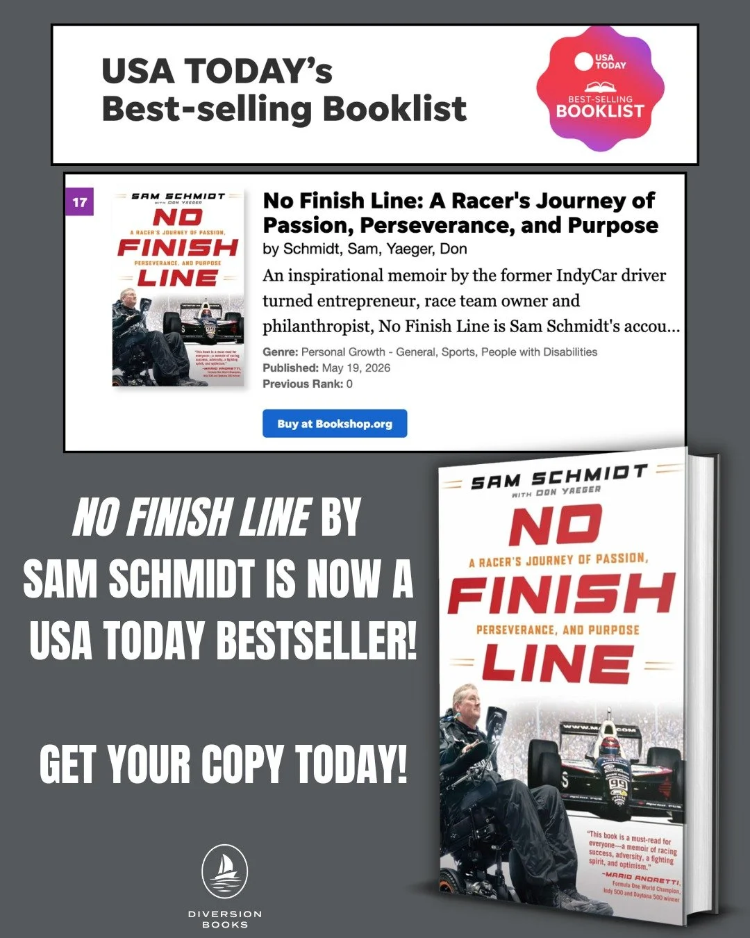 🏁 Have you heard the news? 🏎️💨 🏁

NO FINISH LINE by @sam.schmidt_ is officially a @usatoday Bestseller! 

NO FINISH LINE by Sam Schmidt with @donyaeger is an inspirational memoir by former IndyCar driver who has defined his life's journey and pur