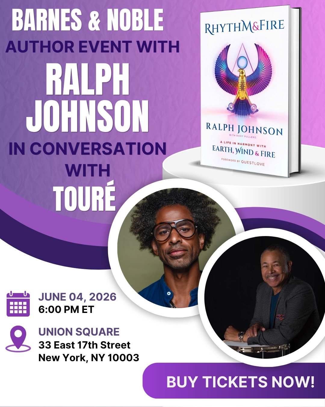 NYC! Join author of RHYTHM &amp; FIRE, Ralph Johnson in conversation with Tour&eacute; tomorrow! 

Ralph will be at Barnes &amp; Noble-Union Square at 6pm ET for an incredible book discussion and signing event! 

Grab your tickets now! Link in bio! 

