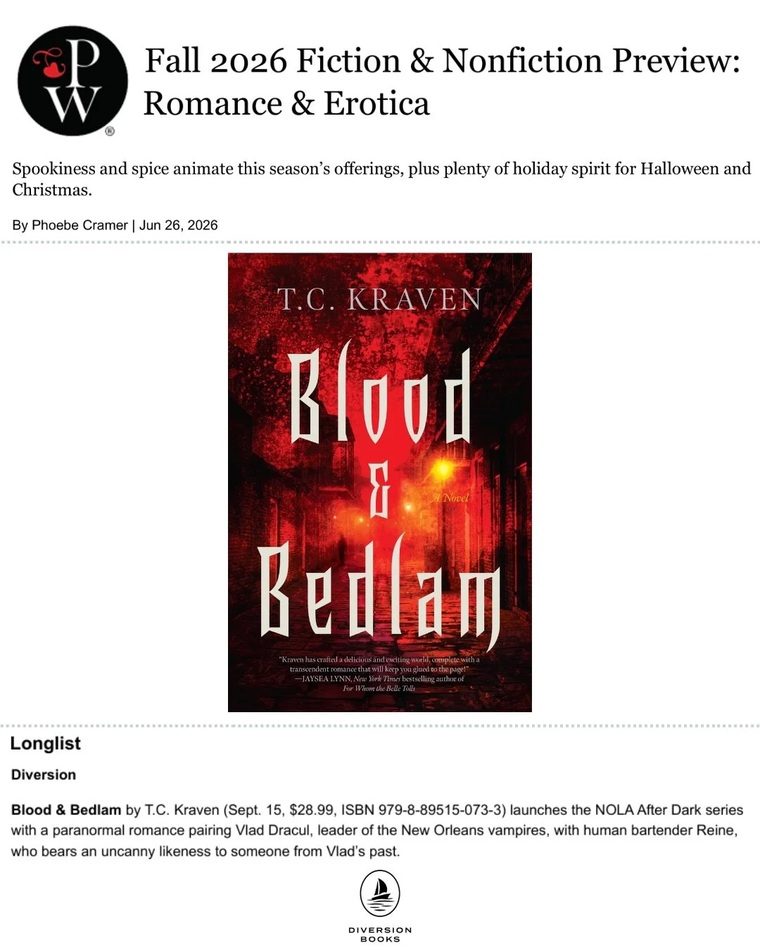 Thank you to @publisherswkly for featuring BLOOD &amp; BEDLAM by @t.c.kravenauthor in the Fall 2026 writeup! 

Thank you to @publisherswkly for featuring THE ASTERIST by A.T. Sayre in the Fall 2026 writeup!