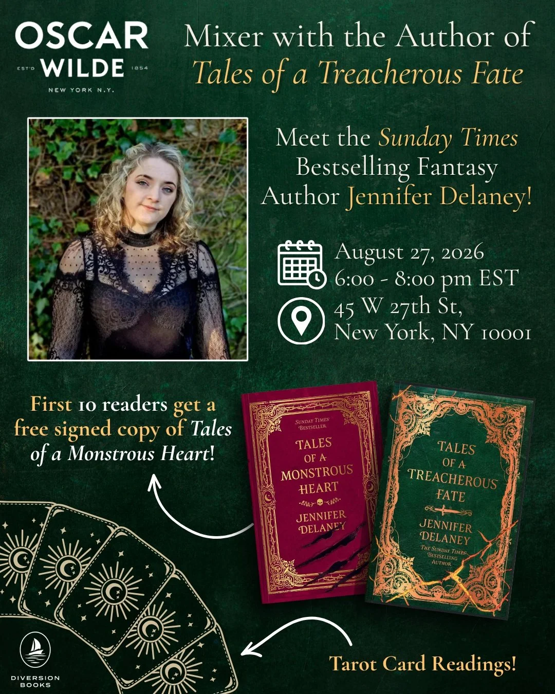 Step into a world of monstrous magic and celebrate the release of TALES OF A TREACHEROUS FATE by @jenniferdelaneyauthor💚

Meet the Sunday Times Bestselling Fantasy Author at @oscarwildenyc🥂

First 10 readers get a free signed copy of TALES OF A MON