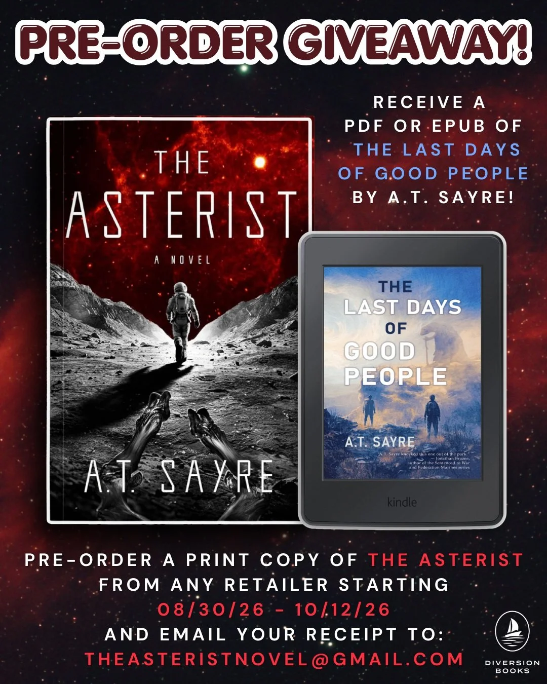 Exciting giveaway for our readers! 📖

Pre-order a print copy of THE ASTERIST from any retailer starting 08/30/26 - 10/12/26 and email your receipt to theasteristnovel@gmail.com to receive a free pdf or epub of THE LAST DAYS OF GOOD PEOPLE by A.T. Sa