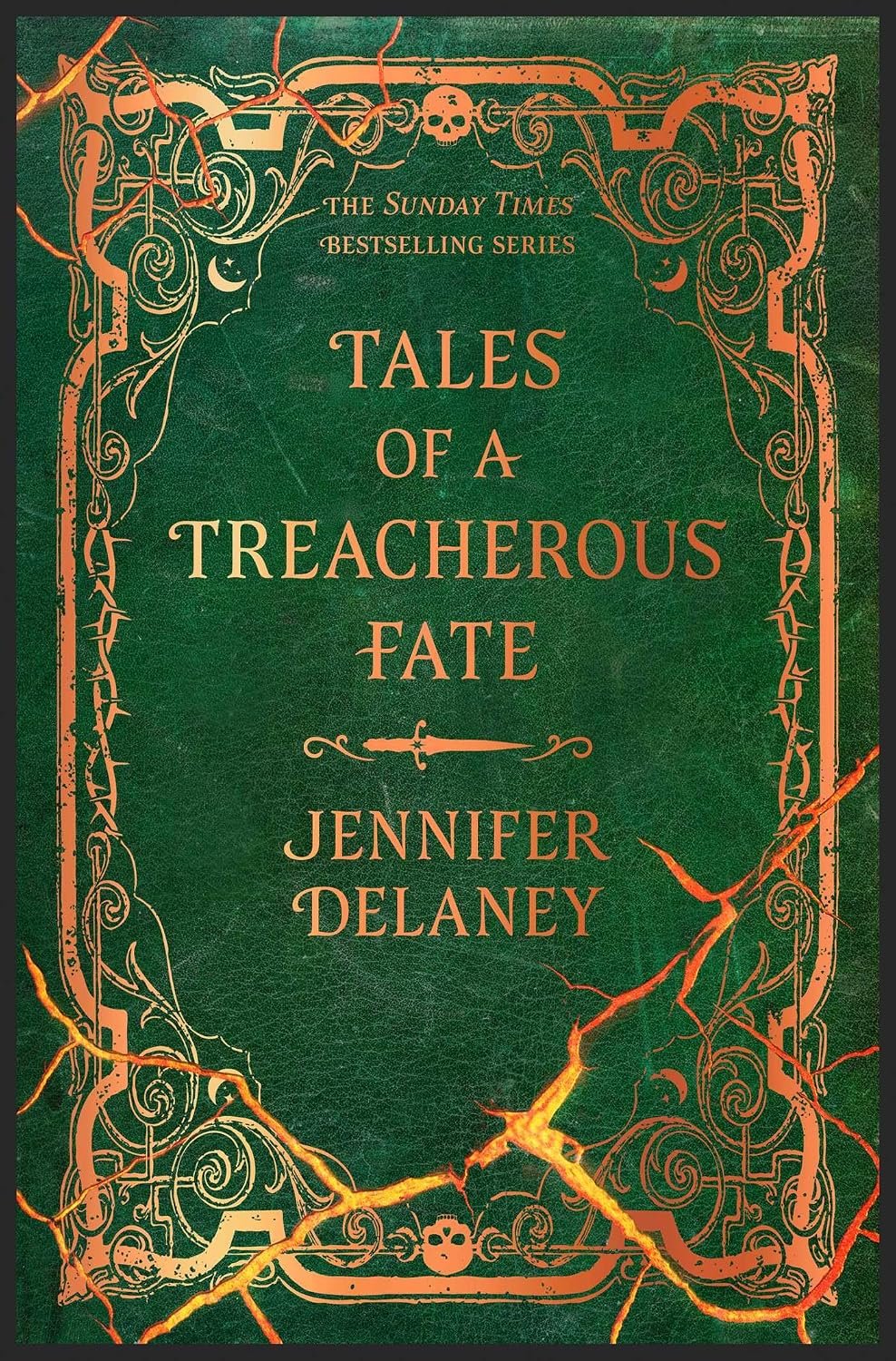 Book cover titled 'Tales of a Treacherous Fate' by Jennifer Delaney with a dark teal background and white text, featuring the Diversion Books logo at the bottom.