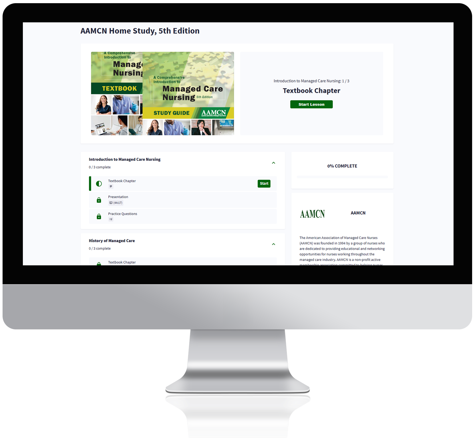 Screenshot of an online learning platform called AAMCN Home Study, 5th Edition, showing courses on managed care nursing, including textbook chapters and additional resources. The interface features a green 'Start Lesson' button and progress indicators.