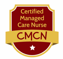 Badge with gold and red colors that says 'Certified Managed Care Nurse CMCN' with a star at the bottom.