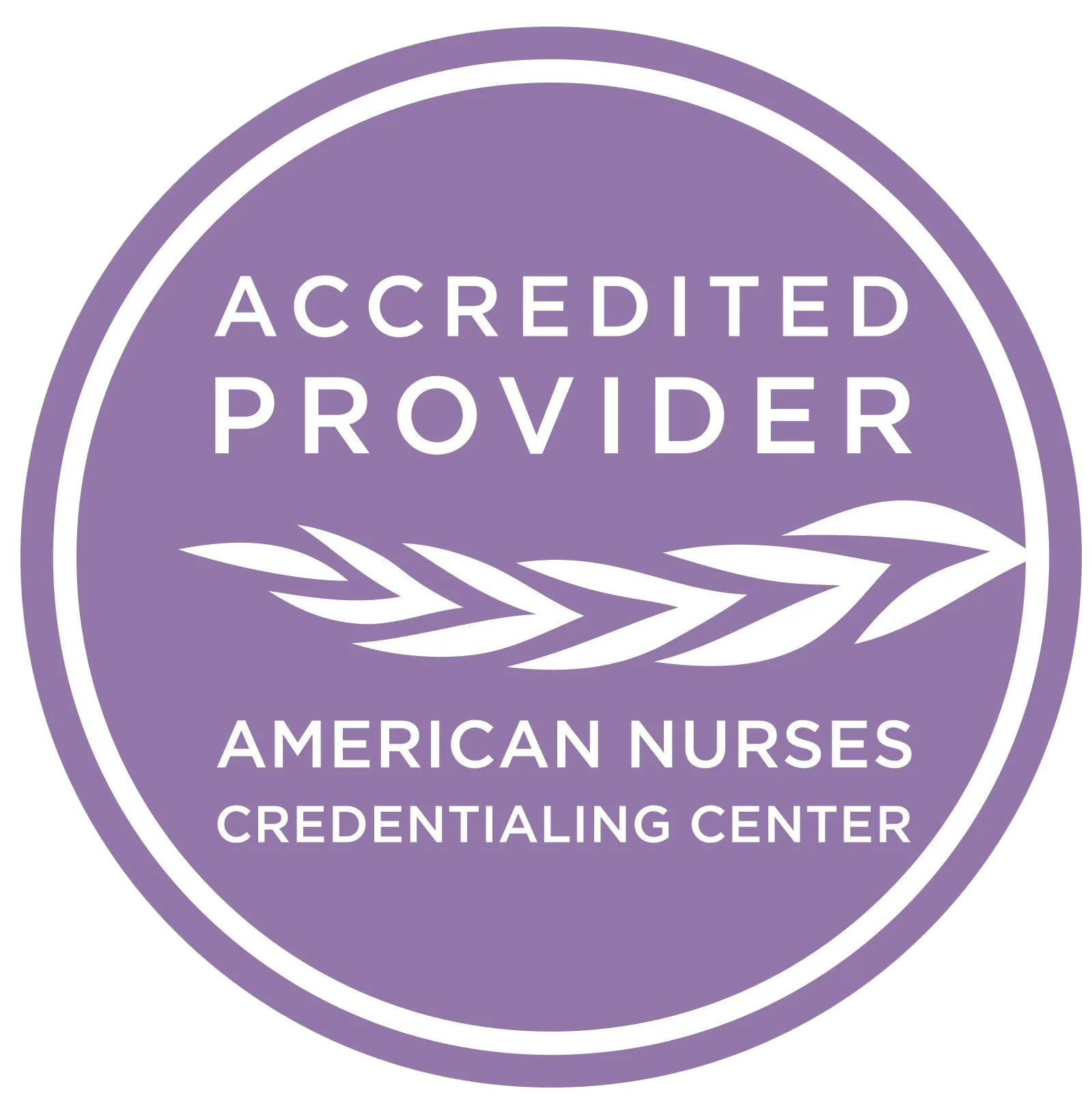 Purple circular badge with white text reading "Accredited Provider" with a white laurel branch graphic, and additional text"American Nurses Credentialing Center".