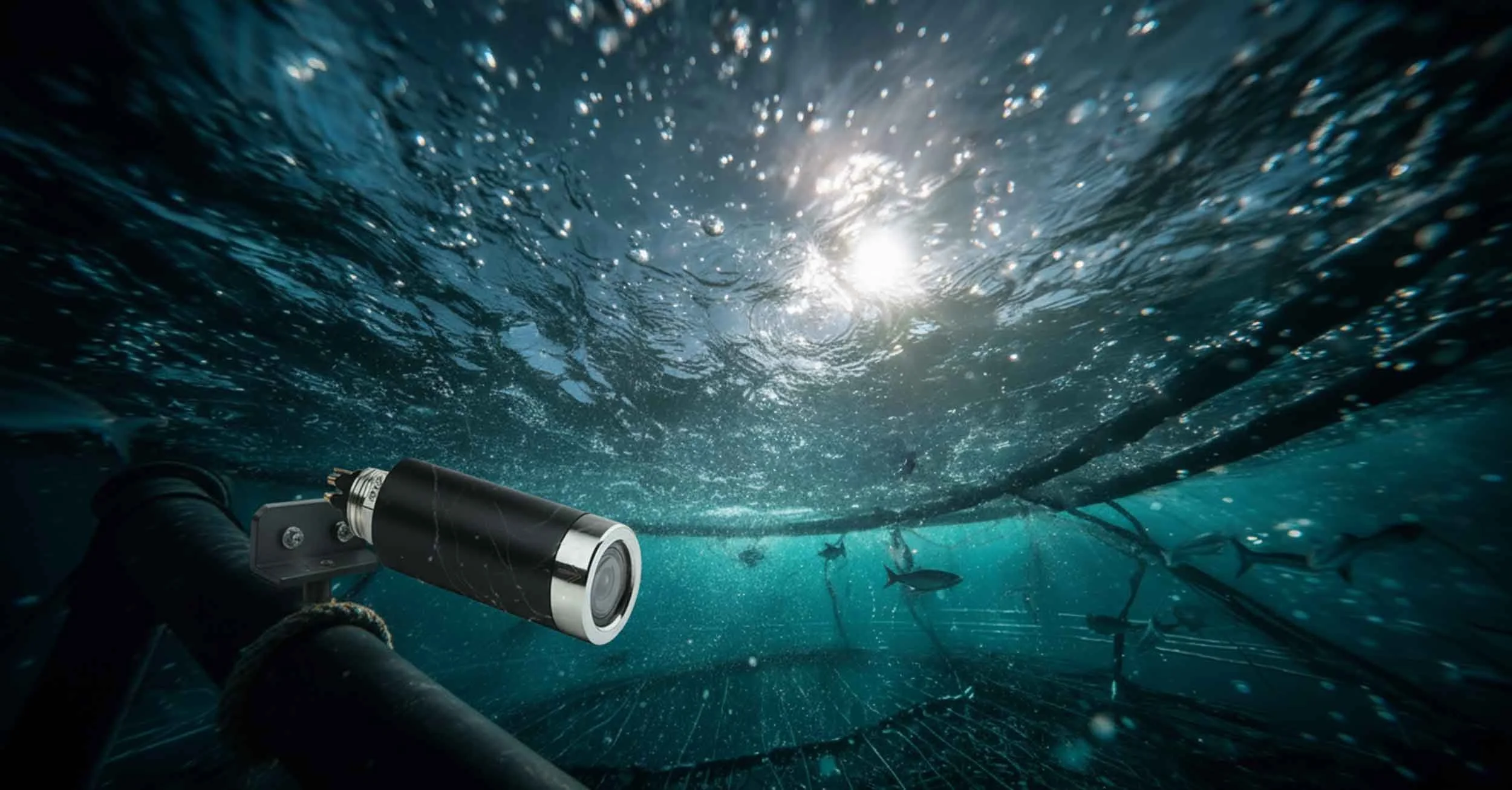 Undervannsbilde av fisk og en fiskegarn, sett ovenfra med en dykker eller en oppfinnerholder som holder en enhet som kan være en sonar eller en undervannskamera, under vann med solen som skinner gjennom vannet.