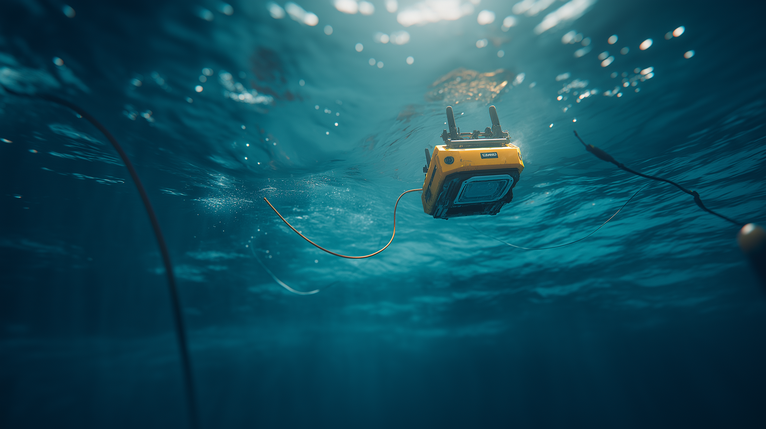 En undervannskamera svømmer i vann med bølger og tau eller ledninger foran.