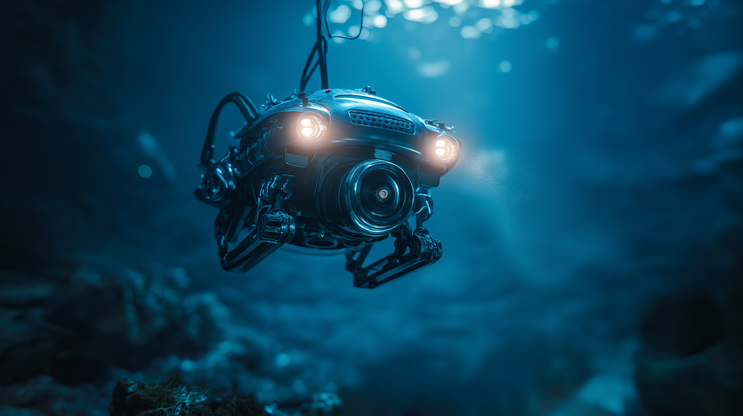 Undervanns drone med lys, svever i havet