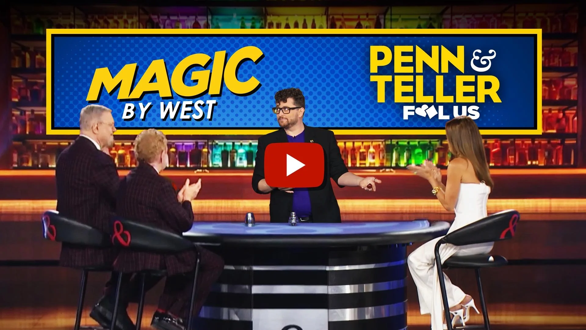 Glenn on stage with Penn & Teller, and Brooke Burke, on Fool Us, with a  graphic reading 'Magic by West' and 'Penn & Teller: Fool Us.'