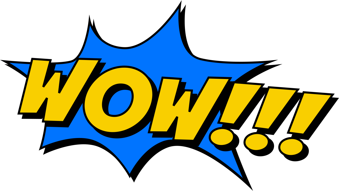 Comic-style speech bubble with the word "WOW!!" in bold yellow letters outlined in black, with a blue background and jagged edges.