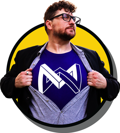 Glenn West revealing a superhero emblem on his shirt.